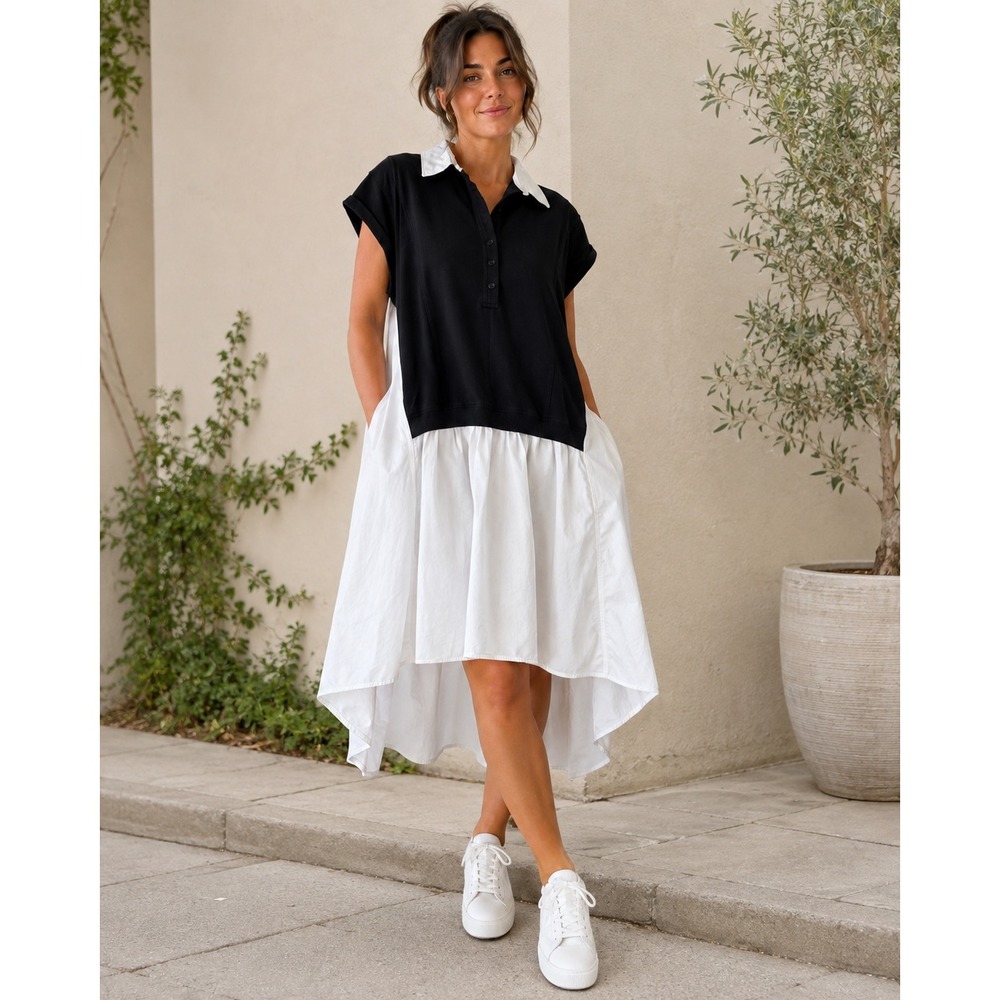 Black White Mixed Media Polo Shirt Dress Tunic Size XL Boho lagenlook colorblock